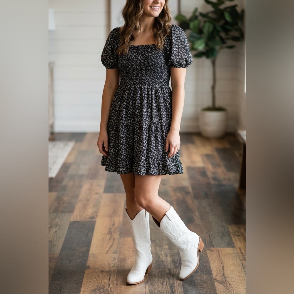Smocked Square-Neck Mini Dress in Black Floral
